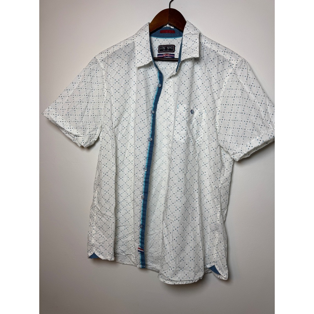 LON NYC Across The Pond Mens Large White Blue Plus Print Short SLV Button Down